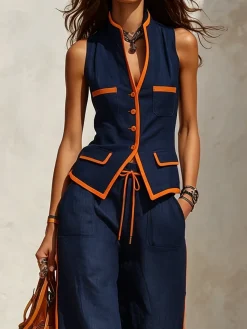 Cotton Casual Color Block Regular Fit Sleeveless Vest