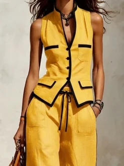 Cotton Casual Color Block Regular Fit Sleeveless Vest