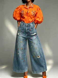 Cotton Casual 3D Printing Gemstone Pattern Shirt Collar Puff Sleeve Shirt