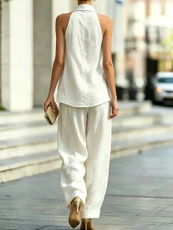 Cotton Casual Plain Halter Neck Blouse