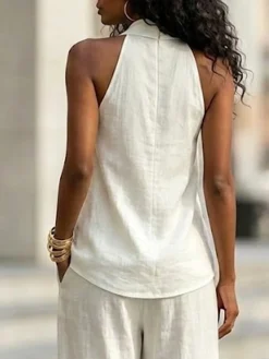 Cotton Casual Plain Halter Neck Blouse