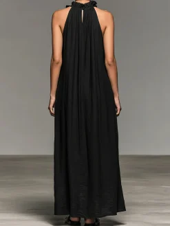 Cotton Casual Plain Peplum Halter Neck Maxi Dress