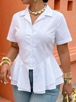 Cotton Casual Plain Peplum Lapel Collar Shirt