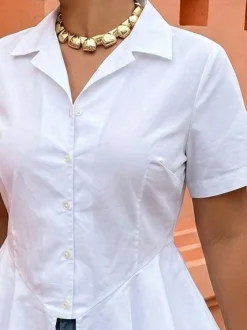 Cotton Casual Plain Peplum Lapel Collar Shirt