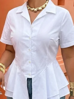 Cotton Casual Plain Peplum Lapel Collar Shirt