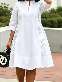 Cotton Casual Plain Stand Collar Midi Dress