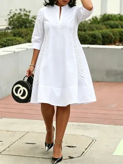 Cotton Casual Plain Stand Collar Midi Dress