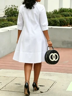 Cotton Casual Plain Stand Collar Midi Dress