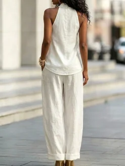 Cotton Casual Plain Wide Leg Pants Fashion Pants