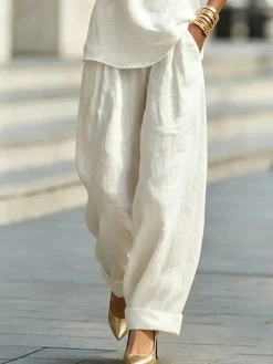 Cotton Casual Plain Wide Leg Pants Fashion Pants