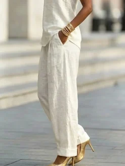 Cotton Casual Plain Wide Leg Pants Fashion Pants