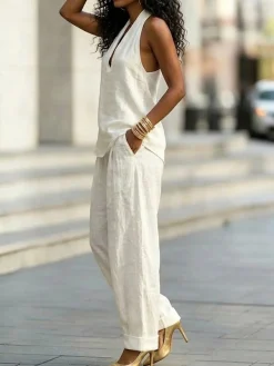 Cotton Casual Plain Wide Leg Pants Fashion Pants