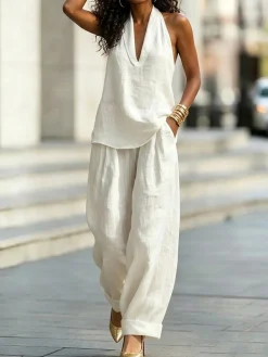 Cotton Casual Plain Wide Leg Pants Fashion Pants
