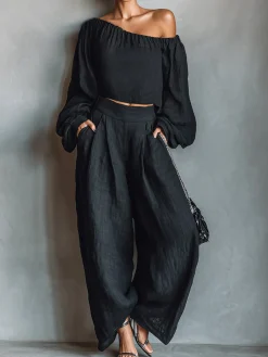Cotton Casual Plain Wide Leg Pants