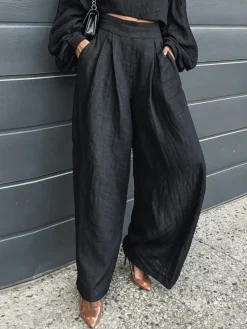 Cotton Casual Plain Wide Leg Pants