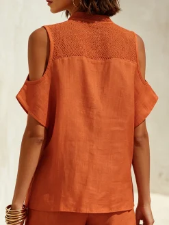 Cotton Casual Plain Zipper Mock Neck Blouse