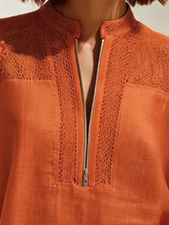 Cotton Casual Plain Zipper Mock Neck Blouse