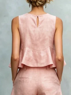 Cotton Casual Solid Relaxed Plain Peplum Sleeveless Blouse