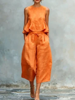 Cotton Casual Solid Relaxed Plain Peplum Sleeveless Blouse