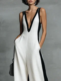Cotton Casual Split Joint Color Block V Neck Tank Jumpsuit