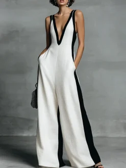 Cotton Casual Split Joint Color Block V Neck Tank Jumpsuit