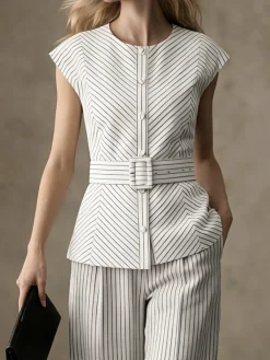 Cotton Crew Neck Striped Urban Blouse With Belt