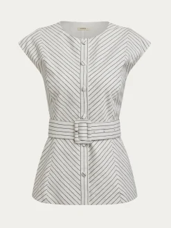 Cotton Crew Neck Striped Urban Blouse With Belt