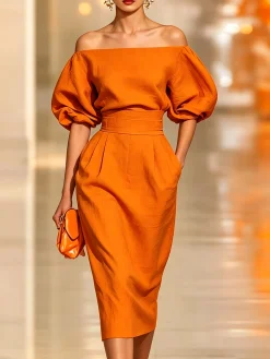 Cotton Elegant Plain Crew Neck Midi Dress