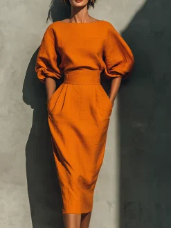 Cotton Elegant Plain Crew Neck Midi Dress