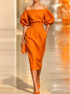 Cotton Elegant Plain Crew Neck Midi Dress