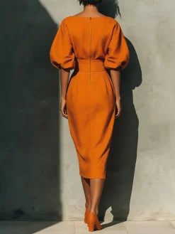Cotton Elegant Plain Crew Neck Midi Dress