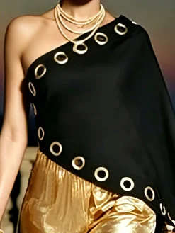 Cotton Elegant Plain Hollow Out One Shoulder Blouse
