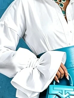 Cotton Elegant Plain Shirt Collar Bell Sleeve Shirt