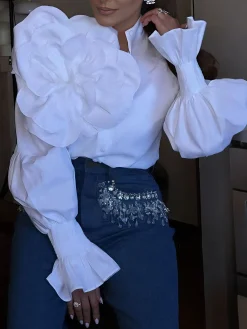 Cotton Elegant Plain Stand Collar Bell Sleeve Shirt With 3D Floral Brooch