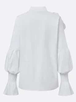 Cotton Elegant Plain Stand Collar Bell Sleeve Shirt With 3D Floral Brooch