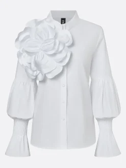 Cotton Elegant Plain Stand Collar Bell Sleeve Shirt With 3D Floral Brooch