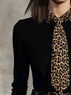 Cotton Urban Leopard Shirt Collar Blouse With Tie