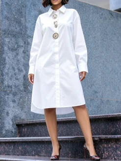 Cotton Urban Plain Button Detail Shirt Collar Knee Length Dress