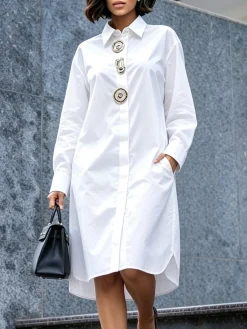 Cotton Urban Plain Button Detail Shirt Collar Knee Length Dress
