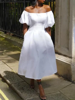 Cotton Urban Plain Puff Sleeve Cold Shoulder Midi Dress