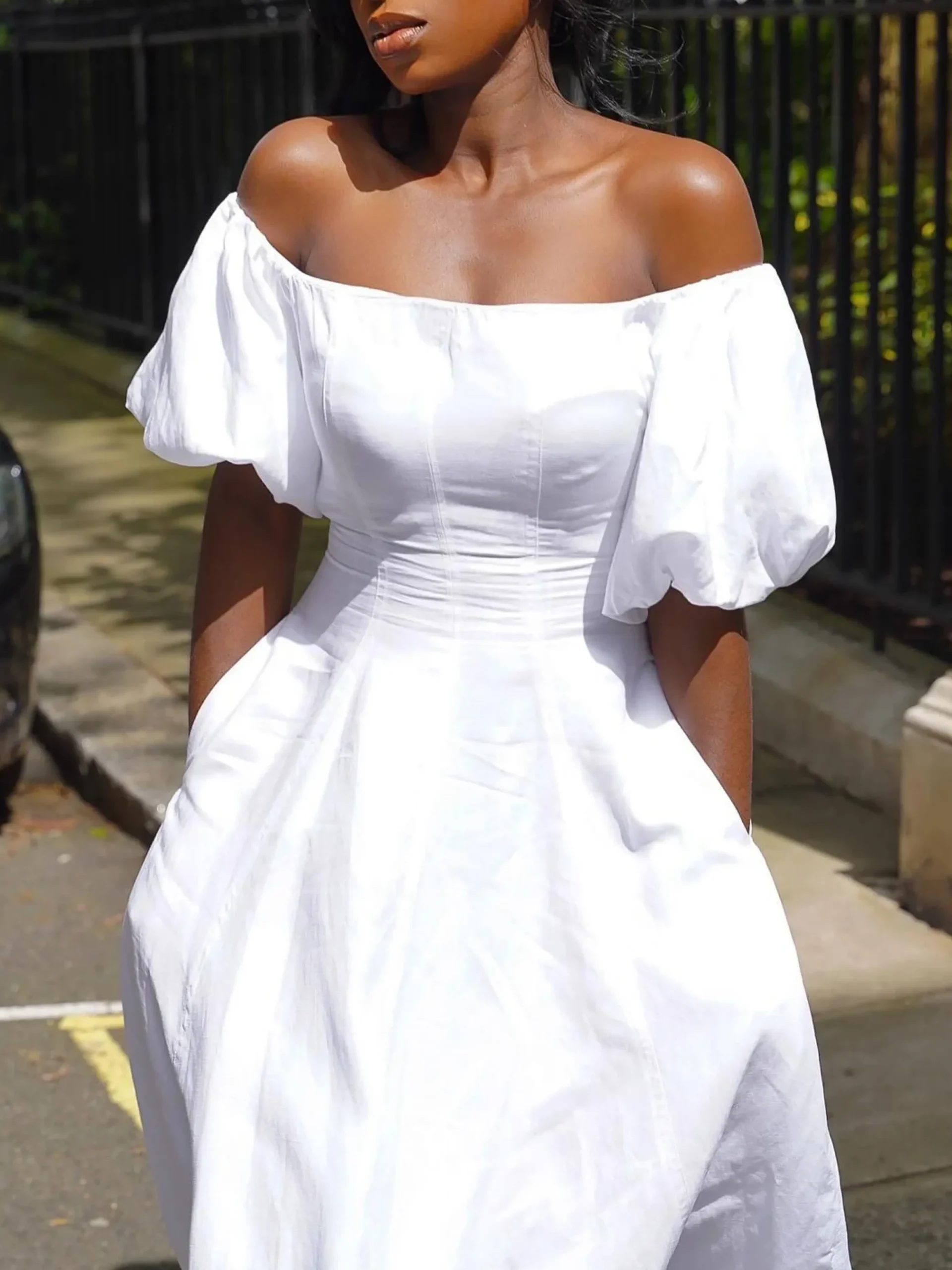 Cotton Urban Plain Puff Sleeve Cold Shoulder Midi Dress