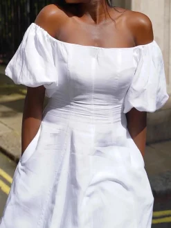 Cotton Urban Plain Puff Sleeve Cold Shoulder Midi Dress
