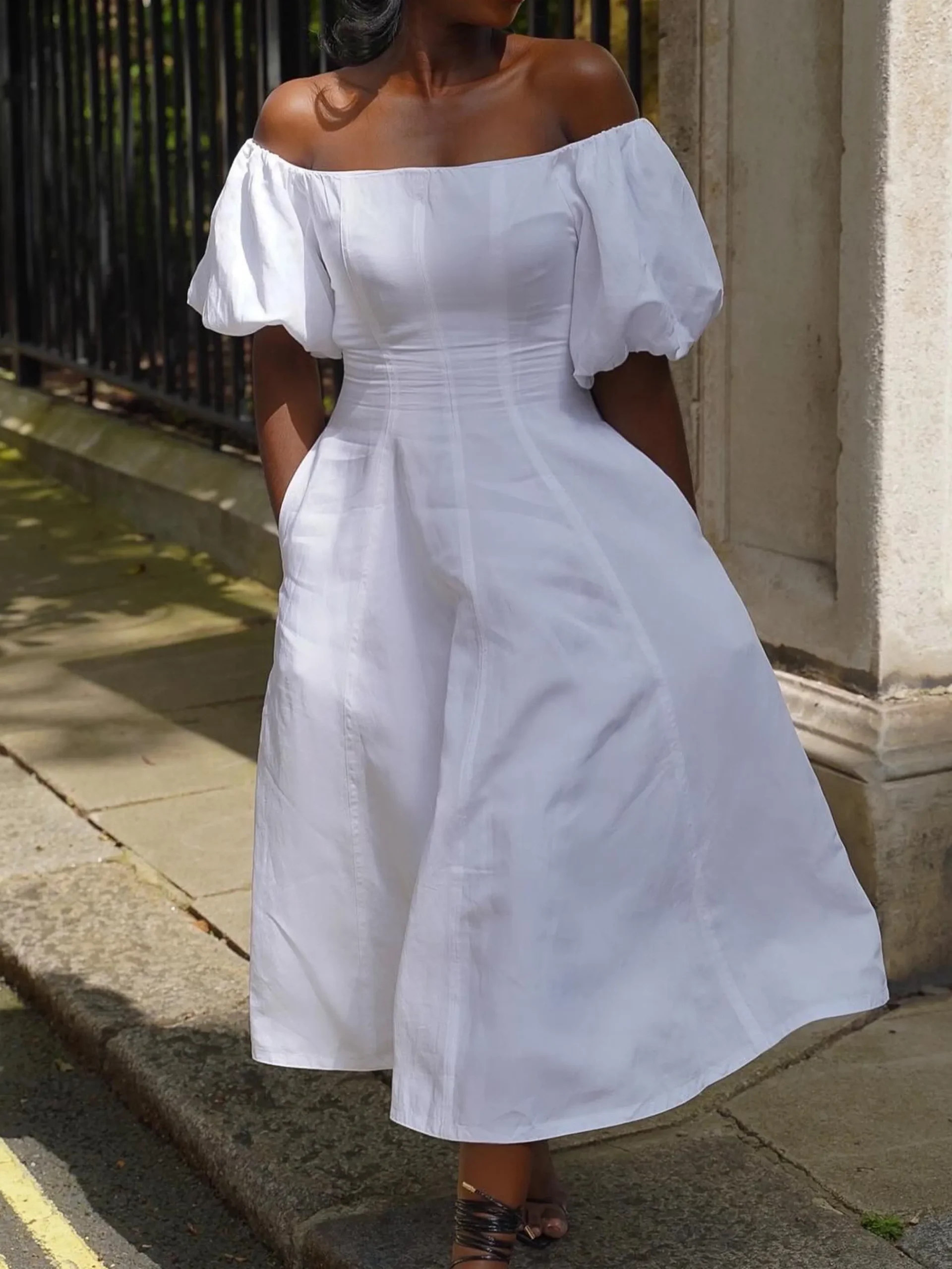 Cotton Urban Plain Puff Sleeve Cold Shoulder Midi Dress