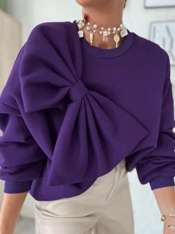 Daily Casual Bow Plain Loose Sweatshirt