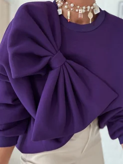 Daily Casual Bow Plain Loose Sweatshirt
