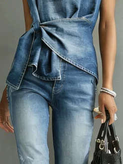 Denim Casual Plain Knot Front Crew Neck Top