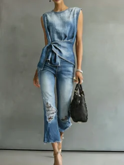 Denim Casual Plain Knot Front Crew Neck Top