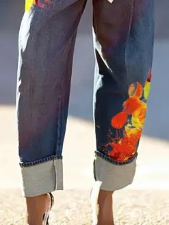 Denim Casual Printing Jeans With No Belt