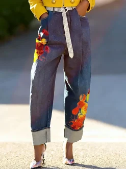 Denim Casual Printing Jeans With No Belt