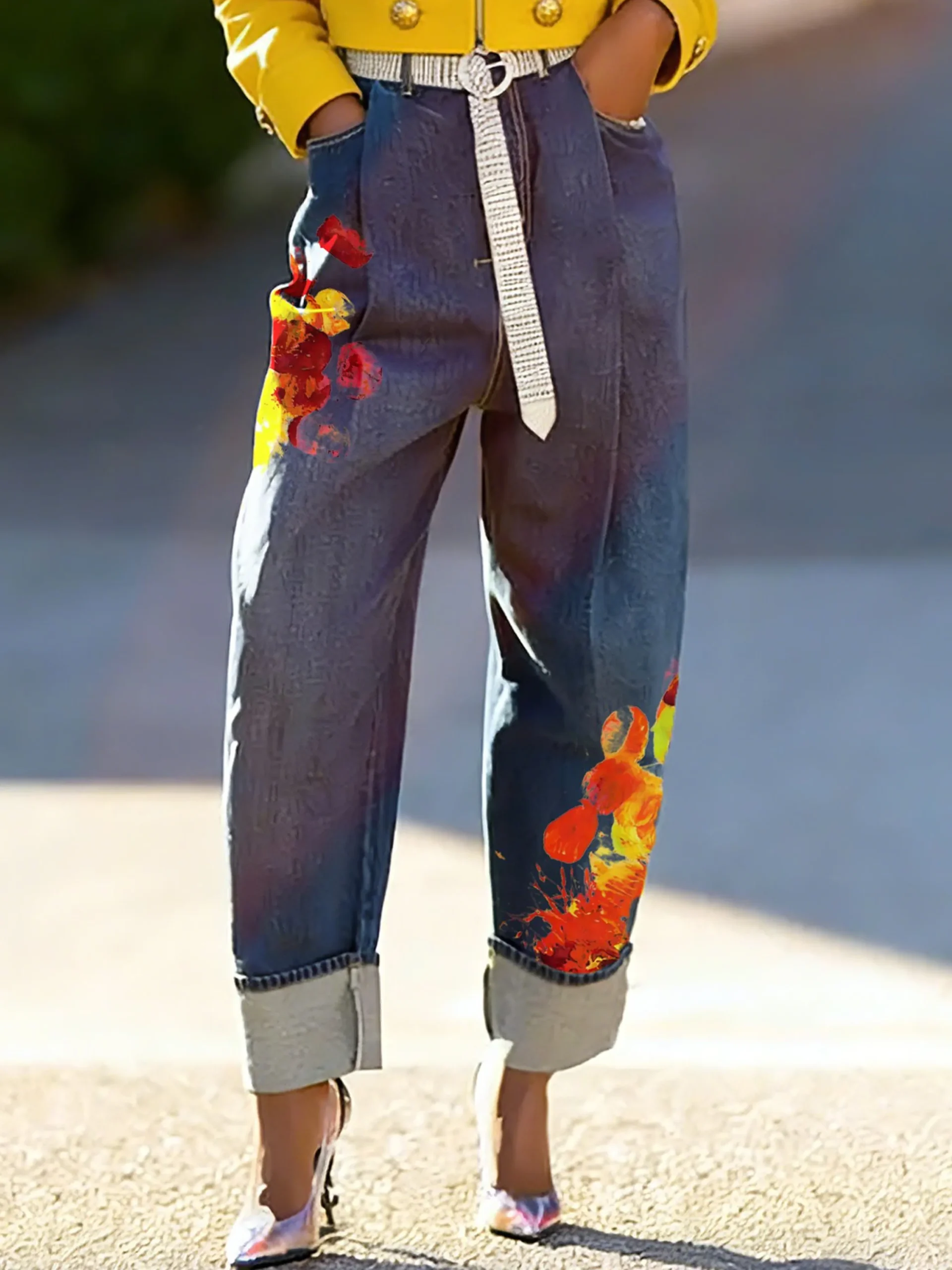 Denim Casual Printing Jeans With No Belt